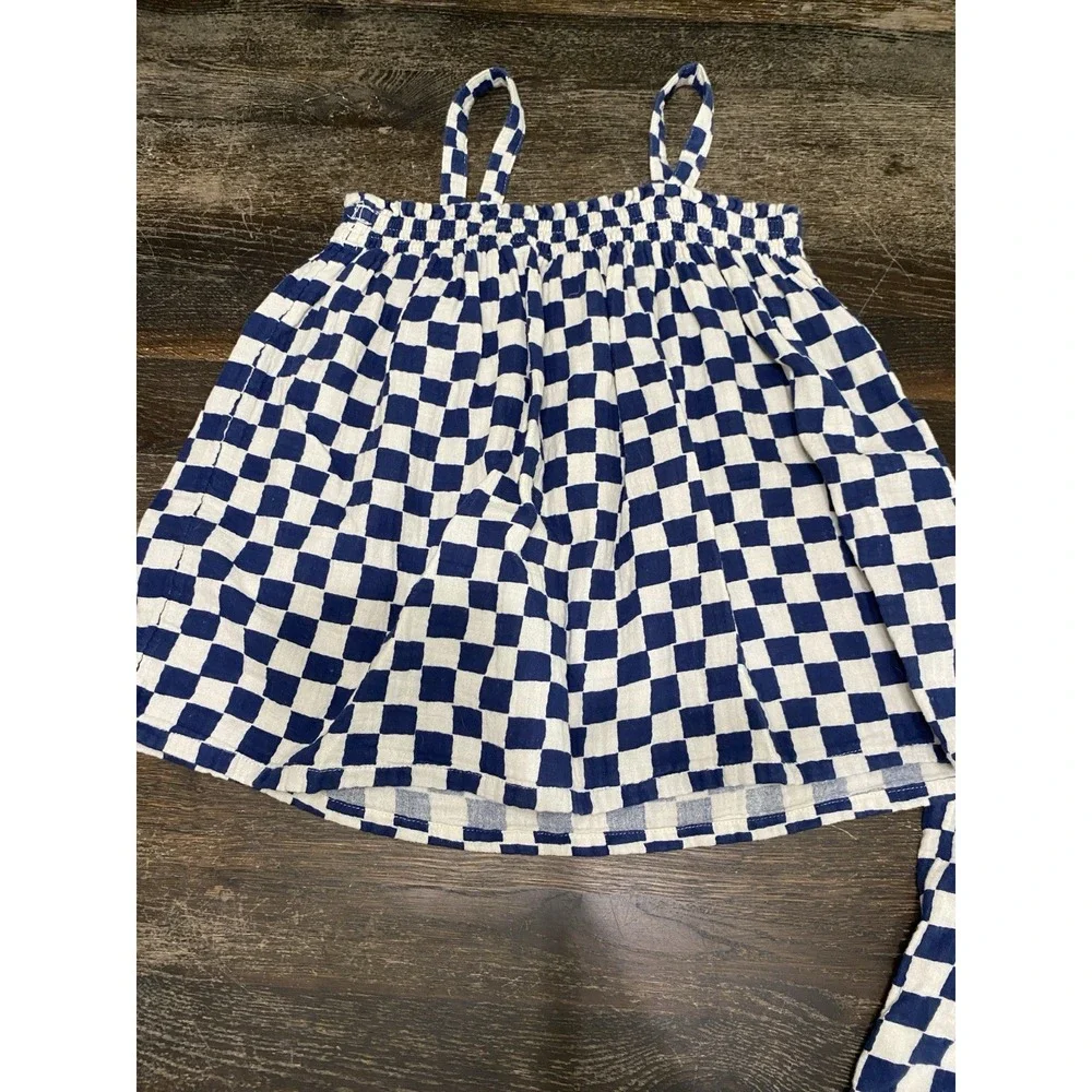2PC Hanna Andersson Smocked Cami Top & Wide Leg Pant Set Navy White Check 10/12